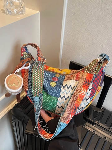 Vintage Etnische Patchwork Schoudertas Voor Dames Grote Capaciteit Stof Tote Bag Met Pluche Koffiekopje Bedeltje Hobo Tas
