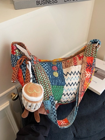 Vintage Etnische Patchwork Schoudertas Voor Dames Grote Capaciteit Stof Tote Bag Met Pluche Koffiekopje Bedeltje Hobo Tas