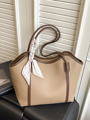 Bolso Tote de PU para Mujer de Gran Capacidad Color de Contraste Textura de Lichi Bolso de Hombro con Bufanda de Seda Bolso Elegante