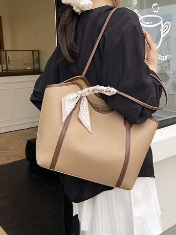 Bolso Tote de PU para Mujer de Gran Capacidad Color de Contraste Textura de Lichi Bolso de Hombro con Bufanda de Seda Bolso Elegante