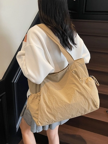Women Large Capacity Nylon Tote Bag Casual Drawstring Shoulder Bag Lightweight Fashion Commuter School Shopping Handbag