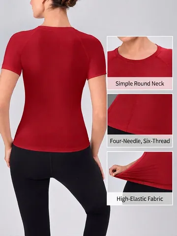 T-Shirt de Yoga Moulant pour Femmes Haute Élasticité Séchage Rapide Haut de Sport Respirant Col Rond Manches Raglan Polyester Élasthanne Gym