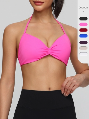 Women Sexy Halter Neck Sports Bra Ruched Front Naked Feel Quick Dry Yoga Bra Top Solid Color Gym Fitness Workout Vest