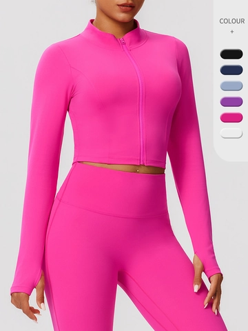 Giacca da Yoga Aderente da Donna Zip Collo in Piedi Top Sportivo a Maniche Lunghe in Nylon Spandex Giacca da Allenamento con Fori per il Pollice Asciugatura Rapida Running Fitness Abbigliamento Sportivo