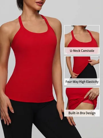 Women's Racerback Yoga Tank Top With Built-In Chest Pads Breathable Cotton Spandex Workout Fitness Vest Tight Fit Pilates Top