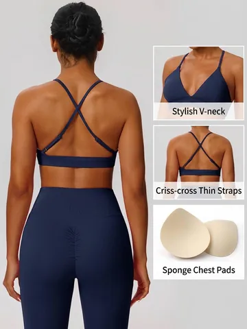 Women Sexy V-Neck Sports Bra Crisscross Back Naked Feeling Yoga Top High Elastic Quick Dry Fitness Workout Gym Top