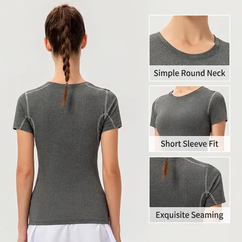 Women Quick Dry Sports T-Shirt Short Sleeve Tight Fit Yoga Gym Workout Top Breathable Polyester Solid Color Fitness Tee