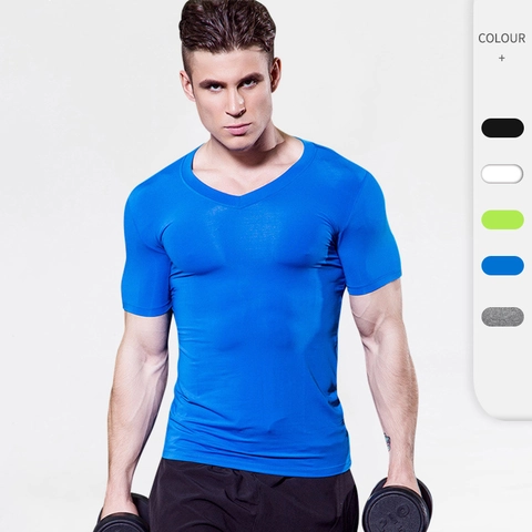 Maglietta a Compressione da Uomo con Scollo a V Asciugatura Rapida Alta Elasticità Manica Corta Sportiva per Fitness