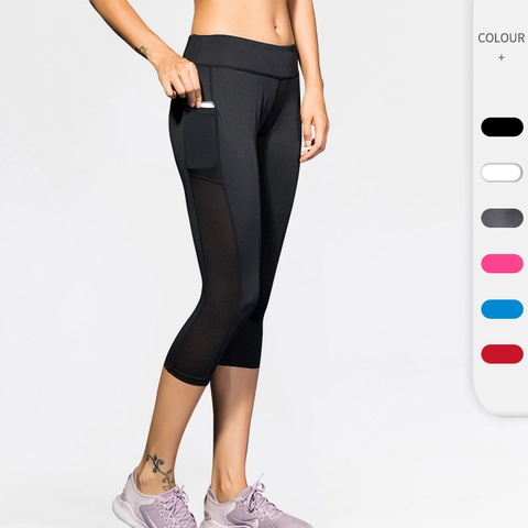 Pantalon de Yoga Capri Taille Haute pour Femmes Avec Poches Latérales Empiècement en Maille Séchage Rapide Leggings de Fitness