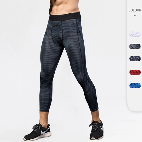 Men Sport Compression 3/4 Pants Geometric Printed Quick Dry Elastic Fitness Running Capri Leggings Base Layer Gym Tights