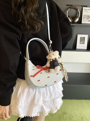 Borsa a Spalla Donna Balletcore a Mezzaluna Con Fiocco E Ciondolo Orsetto in Peluche Pelle PU Borsa a Tracolla Hobo