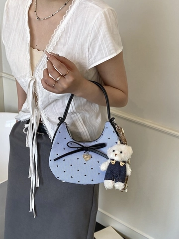Borsa a Spalla Donna Balletcore a Mezzaluna Con Fiocco E Ciondolo Orsetto in Peluche Pelle PU Borsa a Tracolla Hobo