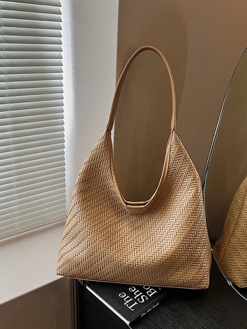 Bolso de Hombro Hobo de Cuero PU Trenzado Vintage Gran Capacidad Color Sólido Bolso Cubo Con Cierre Magnético Para Mujer Diario