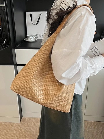 Bolso de Hombro Hobo de Cuero PU Trenzado Vintage Gran Capacidad Color Sólido Bolso Cubo Con Cierre Magnético Para Mujer Diario