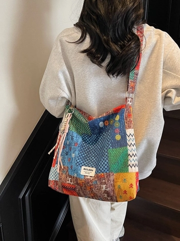 Vintage Μποέμ Patchwork Τσάντα Καμβά για Γυναίκες Μεγάλης Χωρητικότητας Ethnic Γεωμετρικό Τύπωμα Τσάντα Ώμου Casual Τσάντα Ταξιδιού
