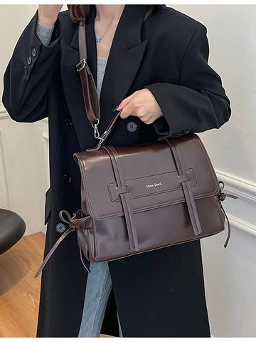 Women Vintage PU Leather Backpack Large Capacity Fashion Commuting Shoulder Bag Solid Color Top Handle Handbag Travel