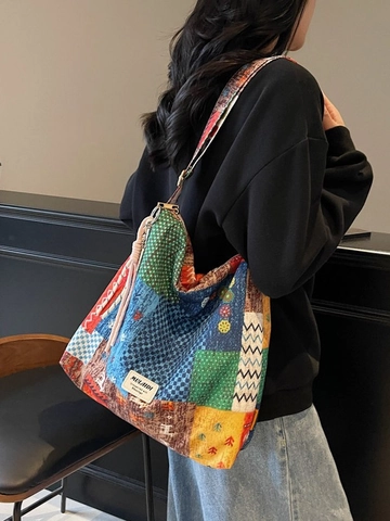Vintage Μποέμ Patchwork Τσάντα Καμβά για Γυναίκες Μεγάλης Χωρητικότητας Ethnic Γεωμετρικό Τύπωμα Τσάντα Ώμου Casual Τσάντα Ταξιδιού