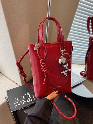 Borsa a Secchiello Mini da Donna in Pelle PU Lucida Tote Crossbody Con Charm Cane Palloncino Stampa Lettere Piccola Borsa a Spalla
