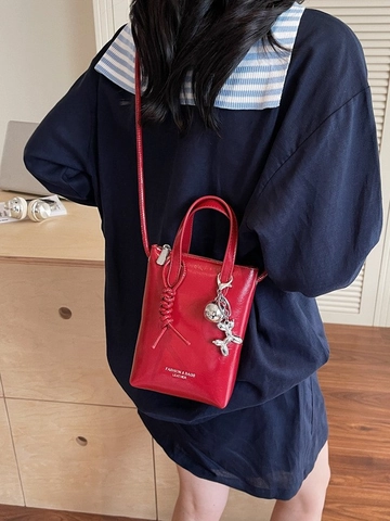 Borsa a Secchiello Mini da Donna in Pelle PU Lucida Tote Crossbody Con Charm Cane Palloncino Stampa Lettere Piccola Borsa a Spalla
