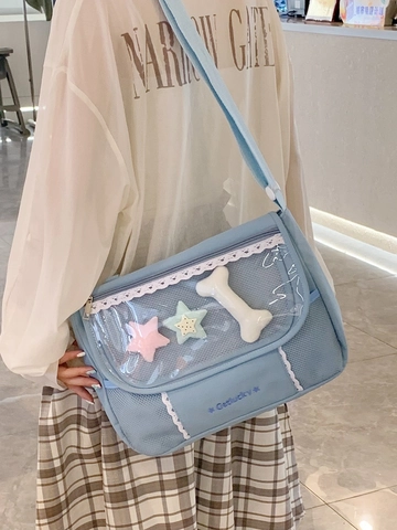 Large Capacity Nylon Ita Bag For Women Kawaii Crossbody Messenger Bag With Transparent Window Lace Trim Star Bone Charms