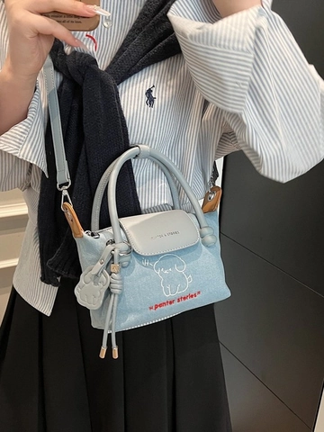 Bolso de Hombro de Mezclilla para Mujer Casual Bolso de Mano Pequeño Bordado Patrón de Perro Bolso Bandolera Moda Azul Correa Ajustable