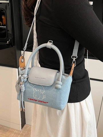 Bolso de Hombro de Mezclilla para Mujer Casual Bolso de Mano Pequeño Bordado Patrón de Perro Bolso Bandolera Moda Azul Correa Ajustable