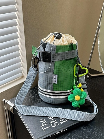 Women Plaid Patchwork Nylon Drawstring Bucket Bag Contrast Color Water Bottle Bag With Charm For Daily Travel Casual