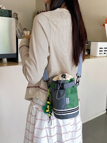 Women Plaid Patchwork Nylon Drawstring Bucket Bag Contrast Color Water Bottle Bag With Charm For Daily Travel Casual