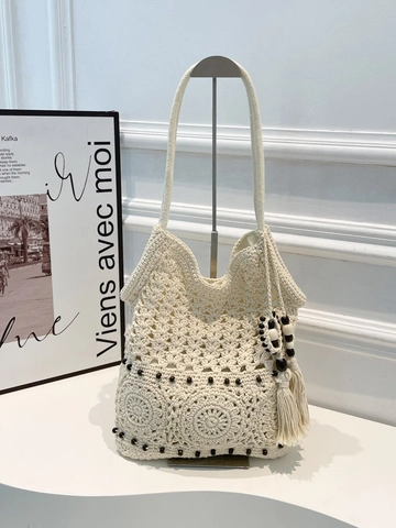Borsa a Spalla da Donna in Cotone All'uncinetto Fatta a Mano Tote Mandala Floreale Con Nappine e Perle di Legno Borsa da Spiaggia