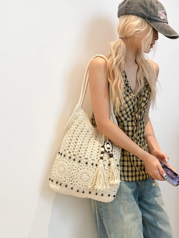 Borsa a Spalla da Donna in Cotone All'uncinetto Fatta a Mano Tote Mandala Floreale Con Nappine e Perle di Legno Borsa da Spiaggia