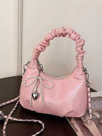 Borsa Dumpling con Manico Arricciato Donna in Pelle Verniciata PU Lucida Fiocco di Perle Ciondolo a Cuore Borsa a Tracolla Catena