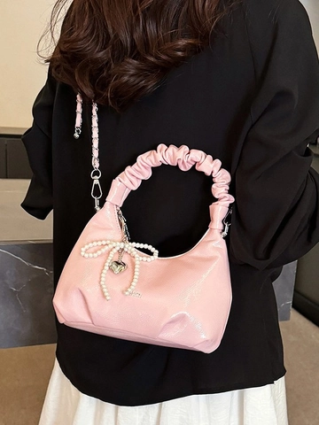 Borsa Dumpling con Manico Arricciato Donna in Pelle Verniciata PU Lucida Fiocco di Perle Ciondolo a Cuore Borsa a Tracolla Catena