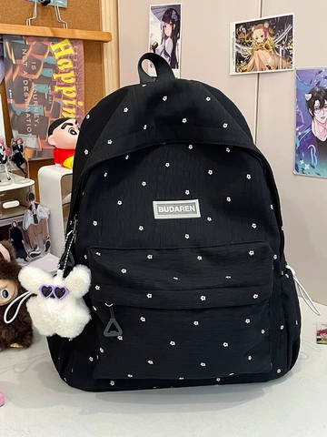 Women Fashion Floral Print Nylon Backpack Large Capacity Student School Bag With Plush Charm For Travel Casual Use