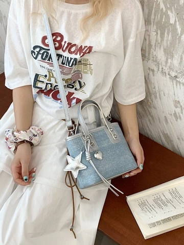 Y2K Fashion Women Denim Look Mini Tote Bag PU Leather Bucket Shoulder Crossbody Bag With Star Charm Metallic Trim