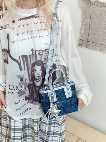 Y2K Fashion Women Denim Look Mini Tote Bag PU Leather Bucket Shoulder Crossbody Bag With Star Charm Metallic Trim