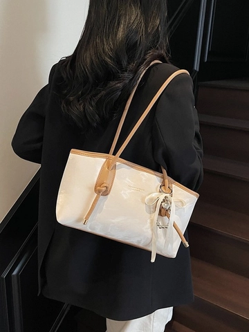 Damen Minimalistisch PU Leder Marmormuster Umhängetasche Trendy Achseltasche Tote Tasche Mit Band Herz Kunstparel Anhänger