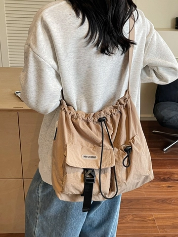 Borsa a Tracolla Grande Capacità Donna in Nylon con Coulisse Borsa Tote Casual Plissettata per Scuola Pendolarismo Viaggi