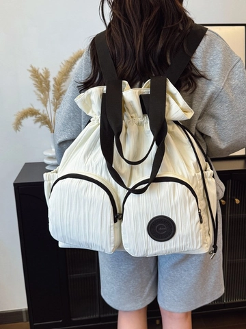 Sac à Dos à Cordon Plissé Design de Niche Sac à Bandoulière de Voyage Grande Capacité pour Femmes Léger Décontracté Mode Multi-poches