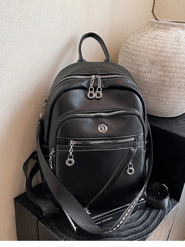 Fashion Women Soft PU Leather Backpack Large Capacity Fashion Commuting Bag With Printed Wide Strap Ladies Travel Rucksack