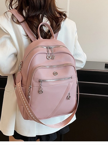 Fashion Women Soft PU Leather Backpack Large Capacity Fashion Commuting Bag With Printed Wide Strap Ladies Travel Rucksack