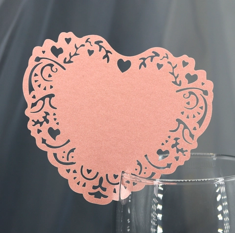 Heart Shape Laser Cut Place Cards For Wine Glass Pearlescent Paper Hollow Decorative Cards For Wedding Party Table Decoration
