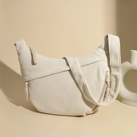 Women Corduroy Crescent Crossbody Bag Large Capacity Japanese Style Half Moon Shoulder Bag With Woven Zipper Pull Casual Bag