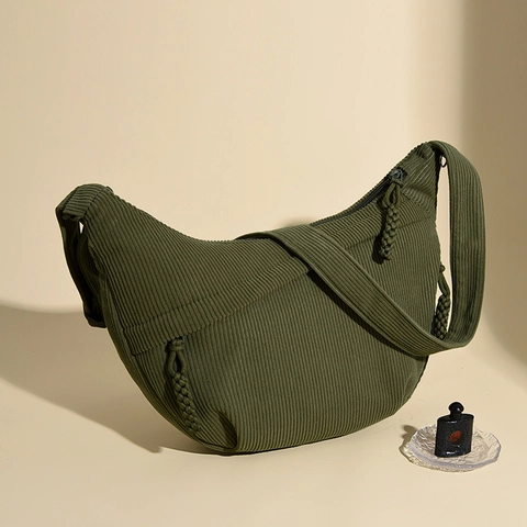 Women Corduroy Crescent Crossbody Bag Large Capacity Japanese Style Half Moon Shoulder Bag With Woven Zipper Pull Casual Bag