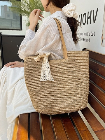 Women Large Capacity Straw Woven Tote Bag Summer Beach Vacation Handbag With Lace Bow Knot Casual Khaki Shoulder Bag