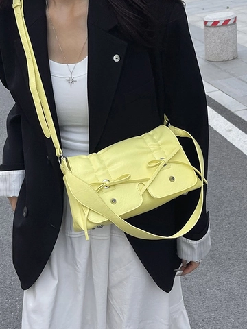Women Pleated Bow Shoulder Bag Minimalist PU Leather Crossbody Bag Solid Color Metallic Silver Pink Cream Handbag Fashion Bag