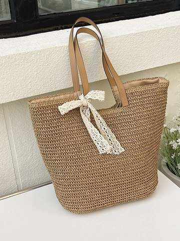 Women Large Capacity Straw Woven Tote Bag Summer Beach Vacation Handbag With Lace Bow Knot Casual Khaki Shoulder Bag
