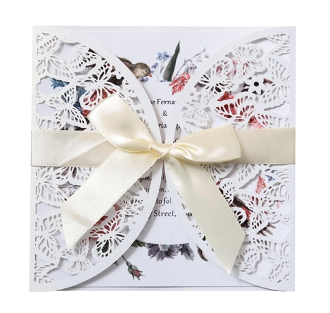 Élégante Invitation Mariage Papillon Découpe Laser Papier Perlé Carte Voeux Avec Noeud Ruban Satin Articles Fête