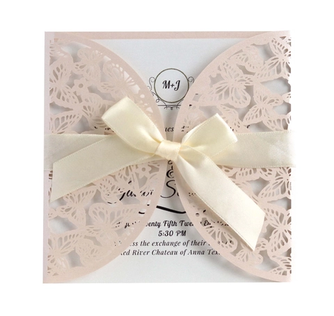 Laser Cut Butterfly Wedding Invitations Pearl Paper Engagement Birthday Party Invitation Card With Ribbon And Insert