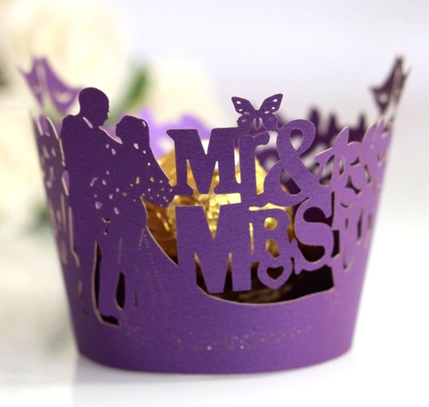Mr & Mrs Laser Cut Cupcake Wrappers Pearl Paper Butterfly Couple Silhouette Wedding Party Cake Decor Liners Borders
