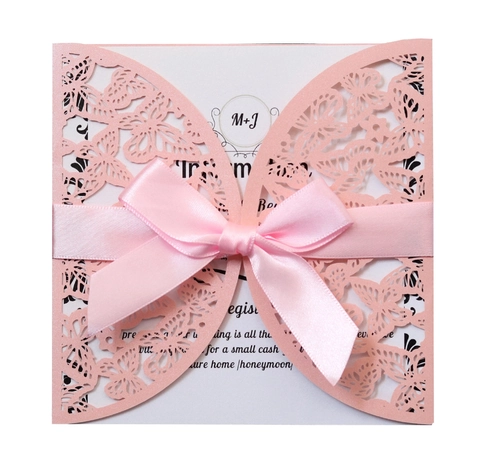 Élégante Invitation Mariage Papillon Découpe Laser Papier Perlé Carte Voeux Avec Noeud Ruban Satin Articles Fête